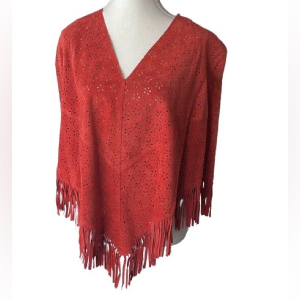 Vintage Suede Fringe Cape Orange Coral Cut Out Leather Shawl Jacket Boho Retro - Picture 2 of 12